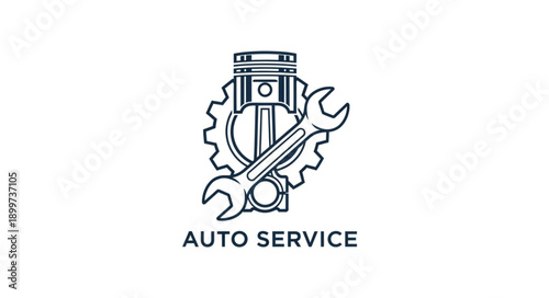 Auto Service Emblem with Piston Gear and Wrench.
