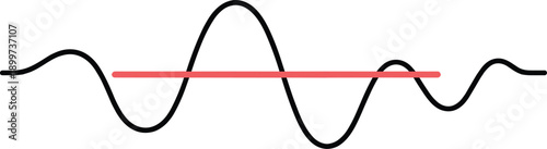 Abstract sound wave line illustration, black waveform with red baseline isolated on white background, audio signal visualization concept, modern minimal graphic design element