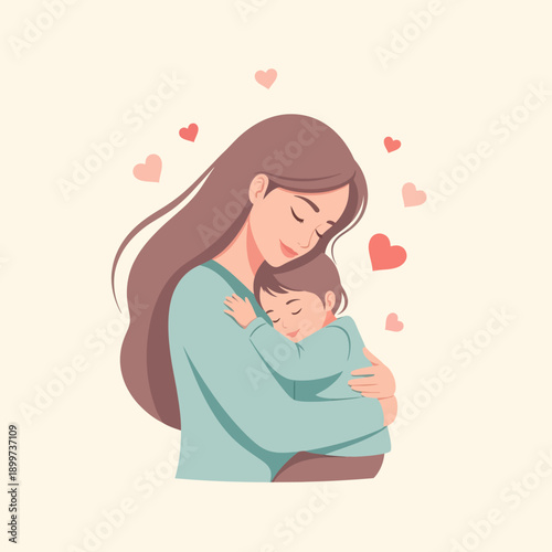 A woman tenderly hugs her baby with love and care indoors.