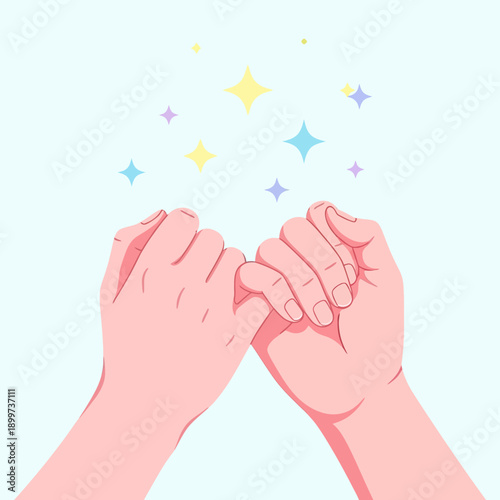 Two hands are clasped together with sparkling stars floating above them in a celebratory gesture of friendship and support.