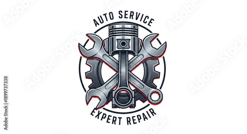Auto service expert repair emblem with piston and wrenches.