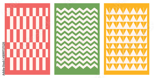 Collection of three vibrant textile designs featuring distinct geometric patterns in red white green and golden yellow color palettes suitable for digital backgrounds