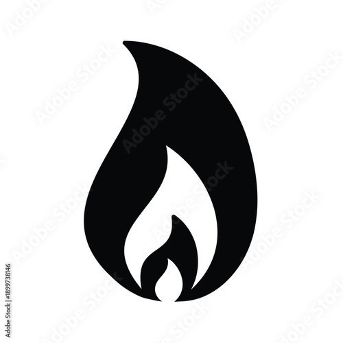 Simple black and white illustration of a stylized flame shape