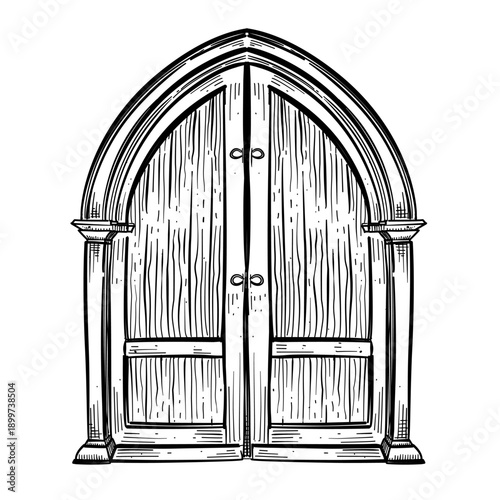 Double Door Gothic Arch Vector Line Art Hand Drawn Illustration