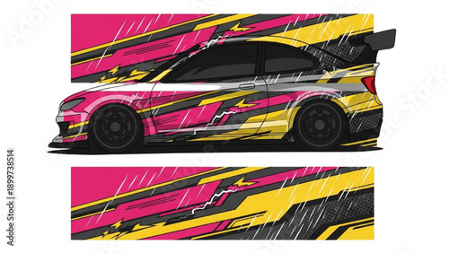 Racing car with vibrant decals, viewed from side, against bright abstract background