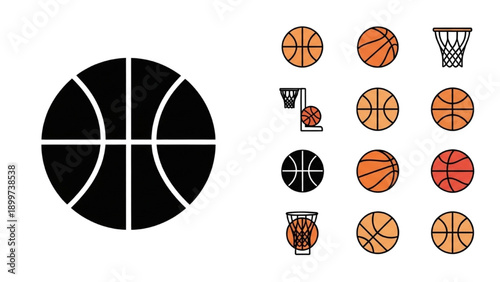 Collection of various basketball illustrations and icons showcasing different styles and designs