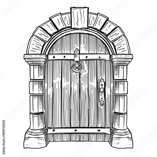 Wooden Door with Stone Arch Vector Line Art Hand Drawn Illustration