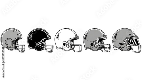 Collection of American Football Helmets in Various Designs and Shades Side View
