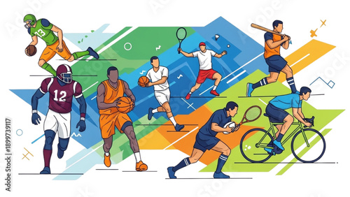 Dynamic athletes in action, showcasing various sports and fitness activities in a vibrant, abstract environment from a panoramic viewpoint