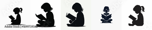 A Silhouette Cute Child Reading a Book Vector Illustration