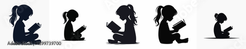 A Silhouette Cute Child Reading a Book Vector Illustration