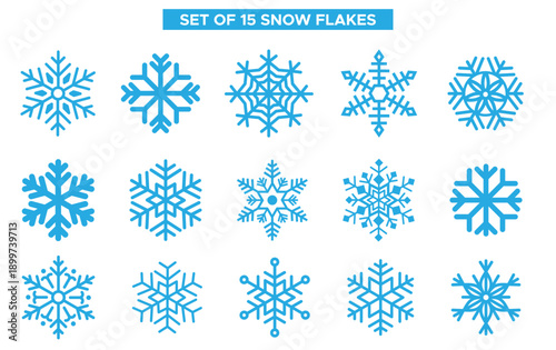 Snowflake Vector Set – Winter Ice Crystal Collection with Clean Blue Line Art, Symmetrical Geometric Snowflakes for Winter Design.