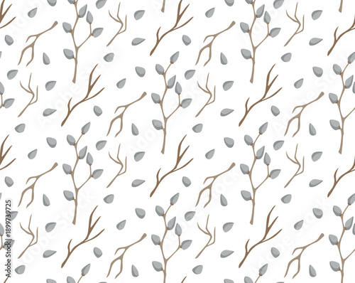 Seamless pattern featuring brown branches with grey buds and leaves on a white background, bringing a natural and organic design element suitable for various applications.