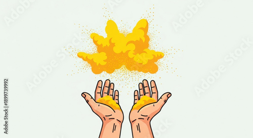 Hands Releasing Yellow Powder into the Air Isolated on White Background