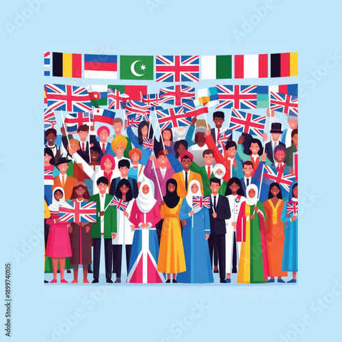 commonwealth day people waving flags flat vector icon