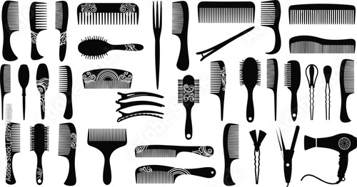 Collection of black silhouette hair styling tools and combs hair comb hairbrush hair clip