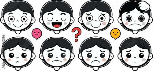 A diverse range of illustrated faces expressing various emotions and symbols
