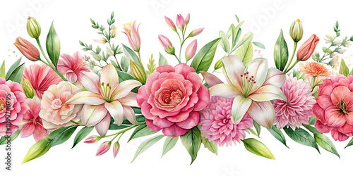 Pink roses lilies and carnations with green leaves on black background