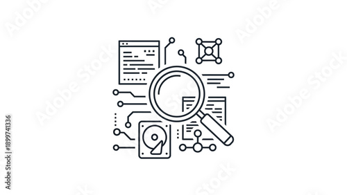 Magnifying glass analyzing digital data and network security