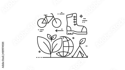 Outdoor nature and travel adventure line icons set