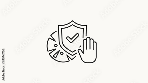 Protection symbol with hand and shield stopping virus