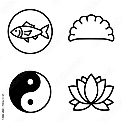 Chinese new year line art icon set, Minimalist line art icons depicting symbols of Asian culture and spiritual balance