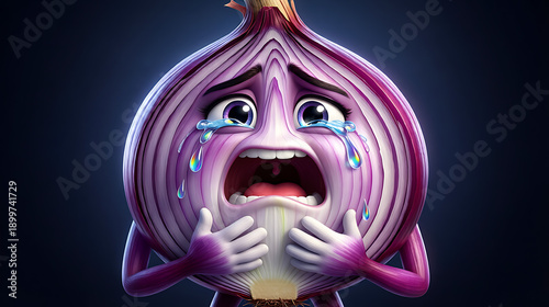 Crying red onion character with rainbow tears cartoon