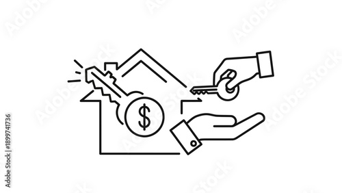 Real estate transaction with house, keys, and dollar sign