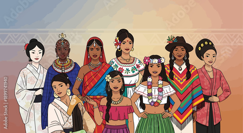 A Beautiful Collection of Diverse Women Illustrating Global Cultures Unity in Traditional Attire from Around the World in Vibrant Illustration