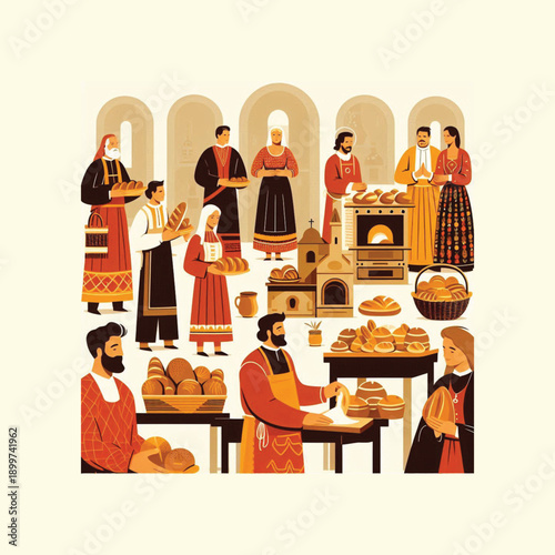 italy saint josephs day people baking bread flat vector icon