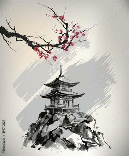 Chinese ink painting of pavilion and flower