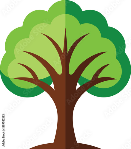 A vibrant and lush green tree with a thick brown trunk and spreading branches.