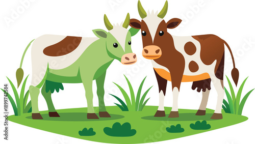 Two friendly cows standing together in a lush green field with grass.