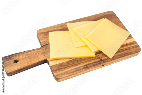 Bild auf Leinwand Neatly stacked yellow cheese slices on white background, Edam Gouda Havarti type