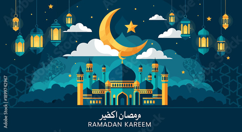 Ramadan Kareem Islamic Festival Celebration Mosque Crescent Moon Lanterns and Stars Beautiful Night Sky