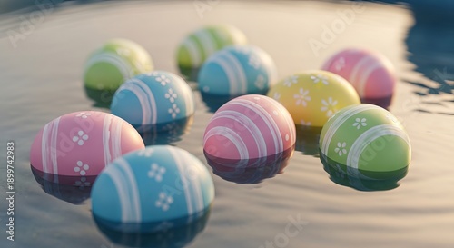 Collection of decorative easter eggs with white floral and stripe patterns floating on calm water surface reflecting soft morning light in artistic composition