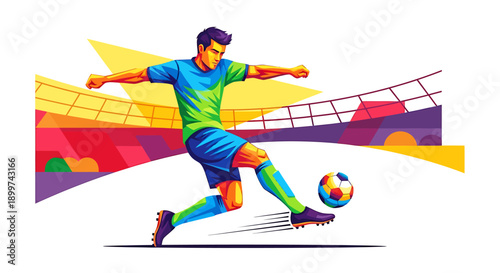 Dynamic illustration of a male athlete in action, kicking a soccer ball with intensity on a vibrant stadium background