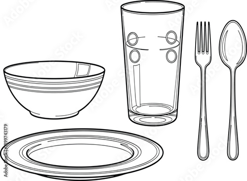 Table setting with plate bowl glass fork and spoon coloring page, line art vector illustration of dinnerware for kids education
