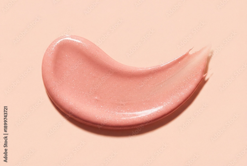 Fototapeta premium Top view of shimmering pink cosmetic cream smear isolated on a matching pastel peach background
