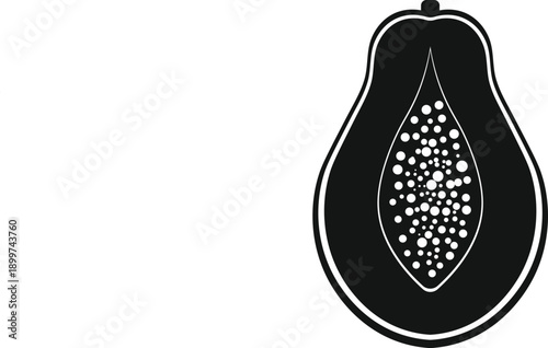 Black silhouette of a halved papaya with seeds, isolated on a white background.