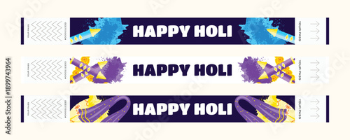 Holi festival wristband set with yellow purple and blue powder pichkari and traditional clothing illustration