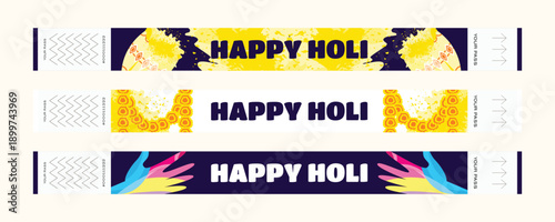 Holi festival wristband set with yellow powder paint buckets painted hands and flower decorations illustration