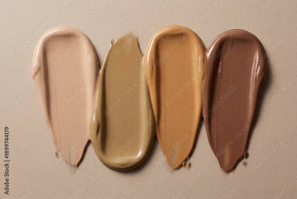 Fototapeta premium Four creamy makeup foundation swatches showing diverse skin tones on beige paper