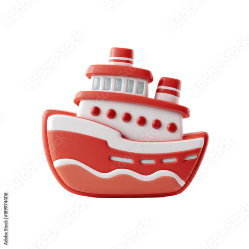 A red and white boat with a white stripe