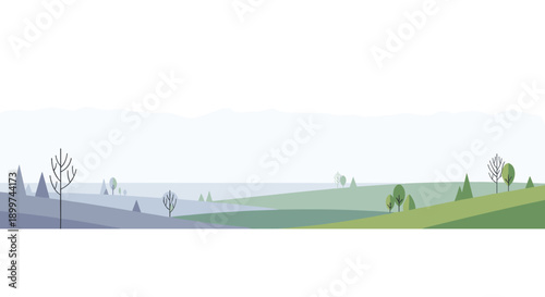 Wide Landscape Illustration Depicting the Transition from Snowy Grey Winter to Vibrant Green Spring, Generative AI.