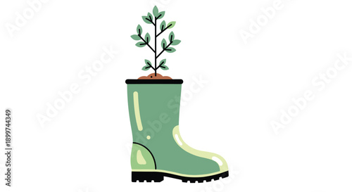 Single Green Rubber Rain Boot Used as a Creative Planter for a Young Spring Tree Seedling, Generative AI.