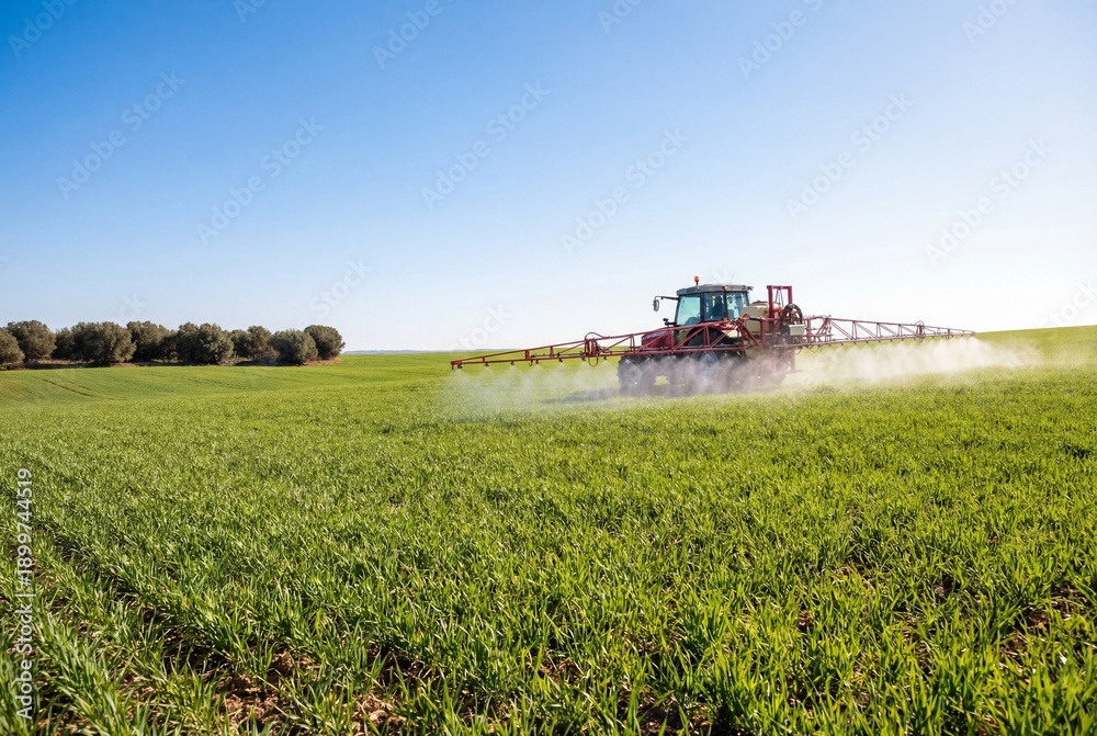 Fototapeta premium Red farm tractor spraying pesticide on green wheat field under sunny blue sky in spring