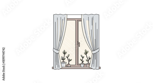 Bright Window with White Curtains and Multiple Potted Plants Growing Buds on the Windowsill, Generative AI.