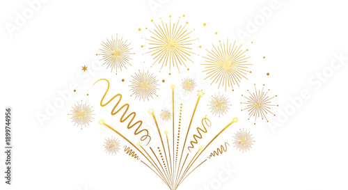 Golden bursting fireworks with confetti and ribbons for celebration and party events, festive design elements