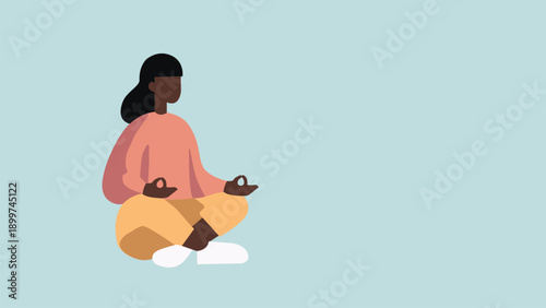 Woman figure meditating meditation sitting in a lotus pose zen relaxation well-being mindfulness flat style vector banner flyer website illustration